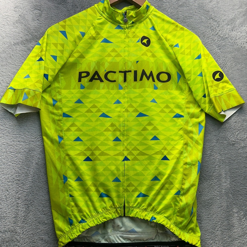 Pactimo Mens Cycling Jersey Medium Neon Yellow Green Geometric‎ Short Sleeve Zip